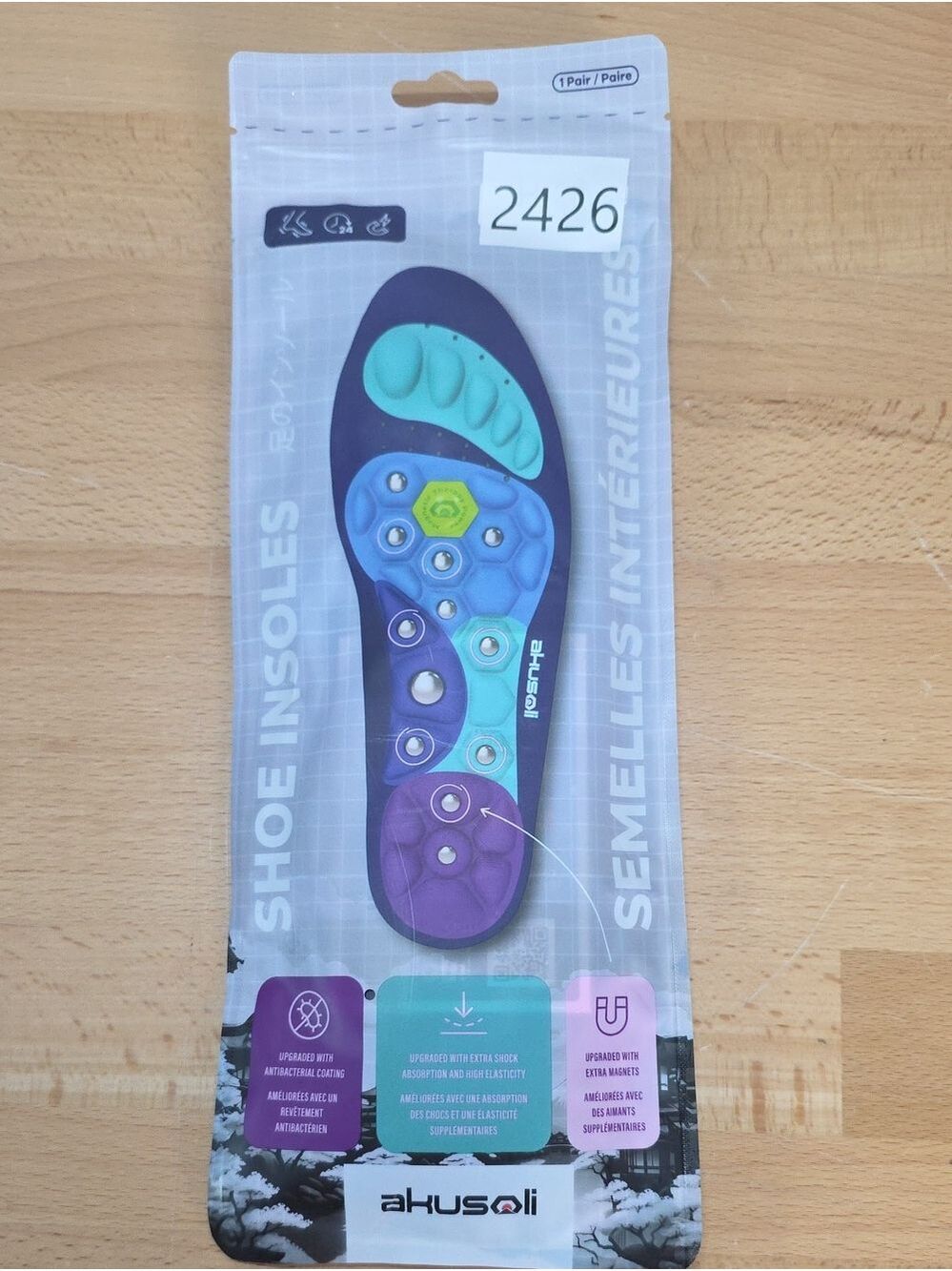 Akusoli Gel Shoe Insoles in Teal, Blue & Purple S/M Women 5-10